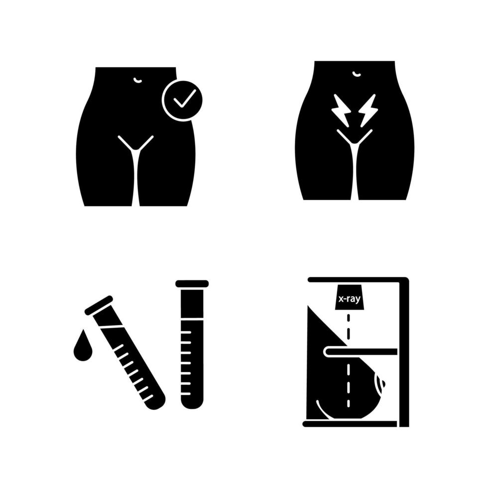 gynekologi glyf ikoner set. kvinnors hälsa, mensvärk, laboratorietest, mammografi. siluett symboler. vektor isolerade illustration