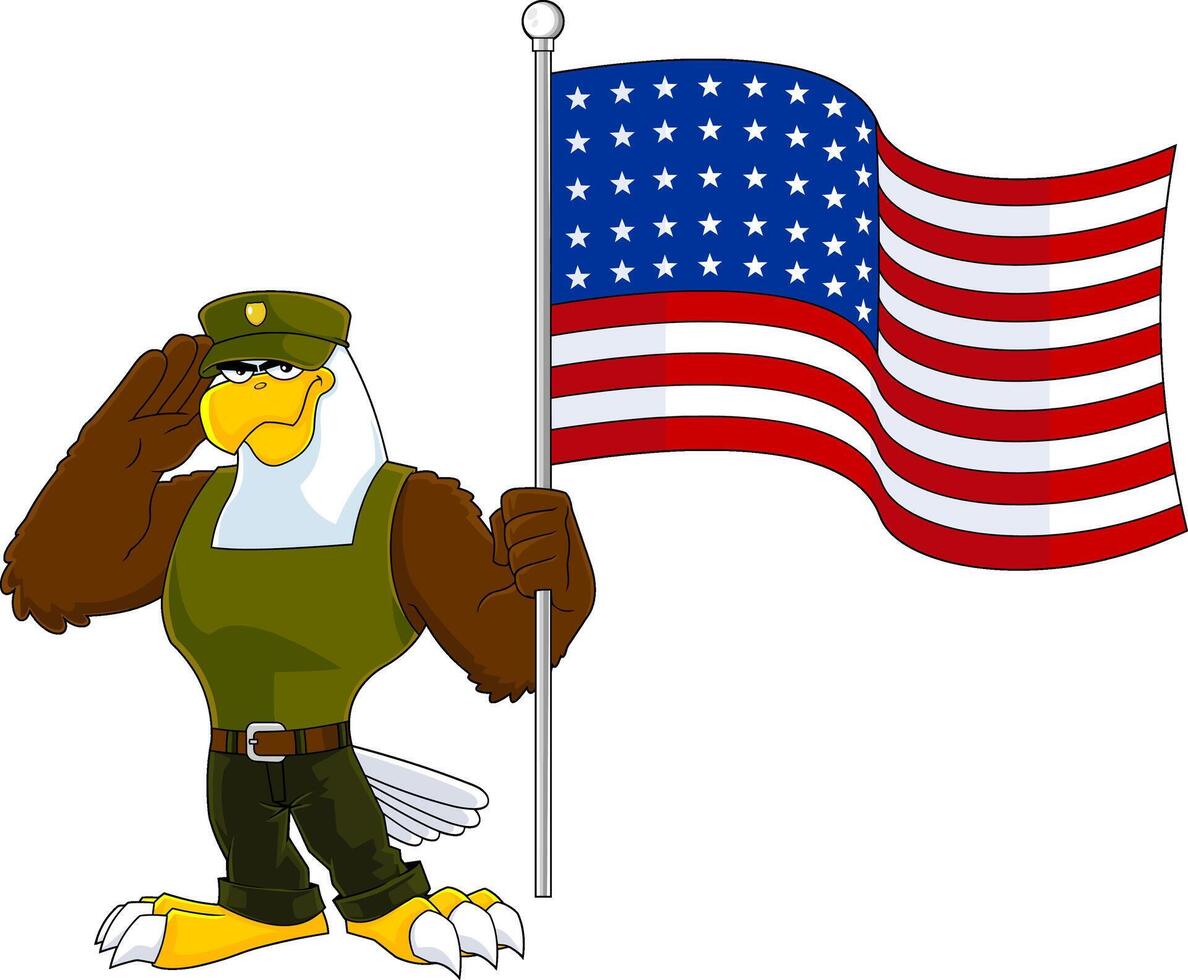 Militär- patriotisch Adler Karikatur Charakter Gruß und blitzt uns Flagge vektor