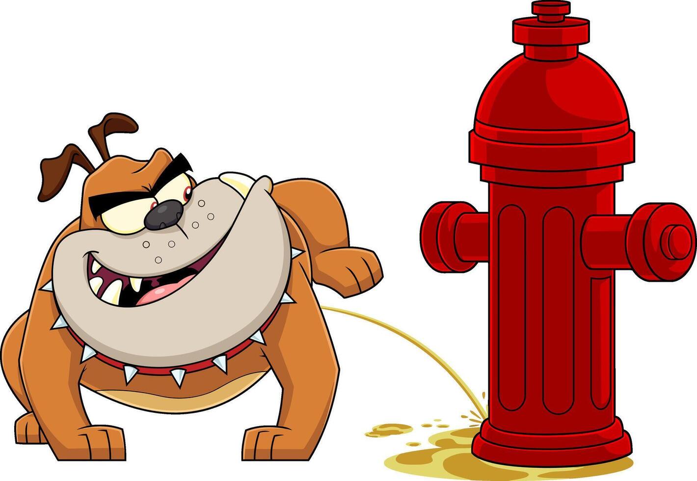 bulldogg tecknad serie maskot karaktär kissar på en brand brandpost vektor