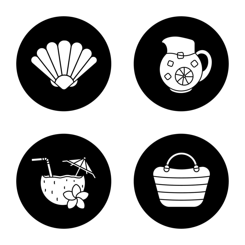 sommaren ikoner set. snäckskal, lemonadkanna, strandväska och cocktail. vektor vita silhuetter illustrationer i svarta cirklar