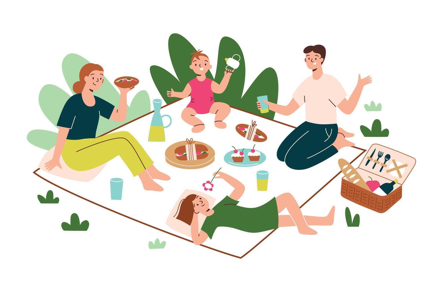 Lycklig familj har picknick utomhus, klotter illustration av föräldrar och barn Sammanträde på filt, äter smörgåsar, avkopplande i natur, picknick korg ikon, sommar aktivitet vektor