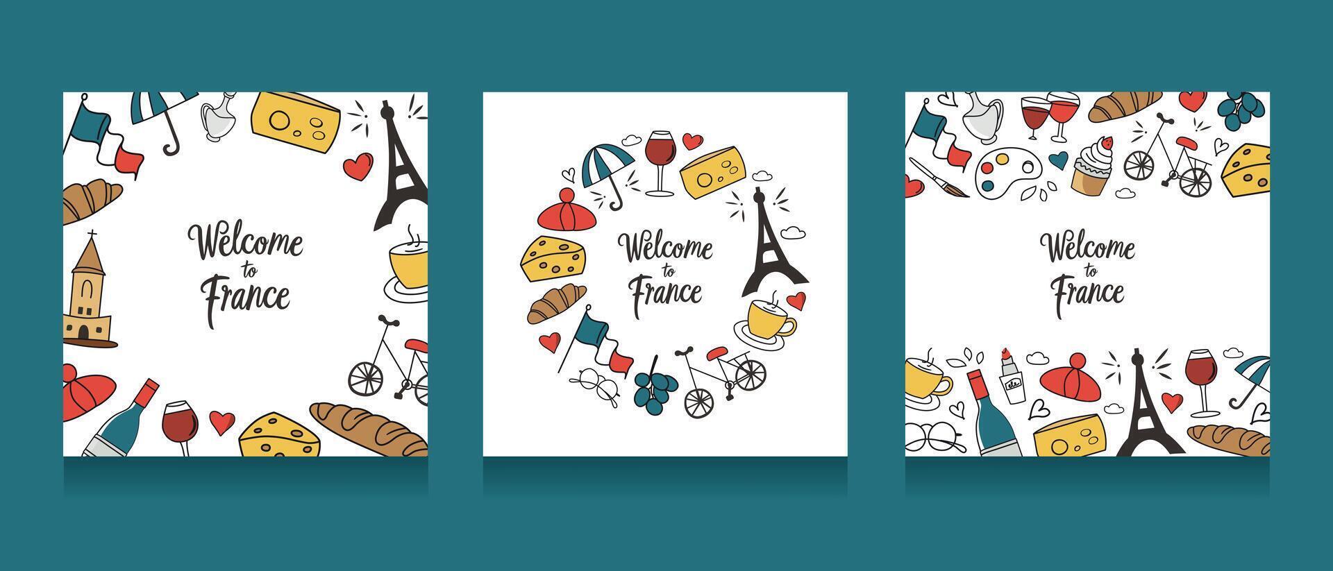 Välkommen till Frankrike kort, franska symboler arrangemang, croissant, eifel torn ikoner, layout av klotter illustrationer för skriva ut, affisch eller baner, mallar med text, paris vykort uppsättning vektor