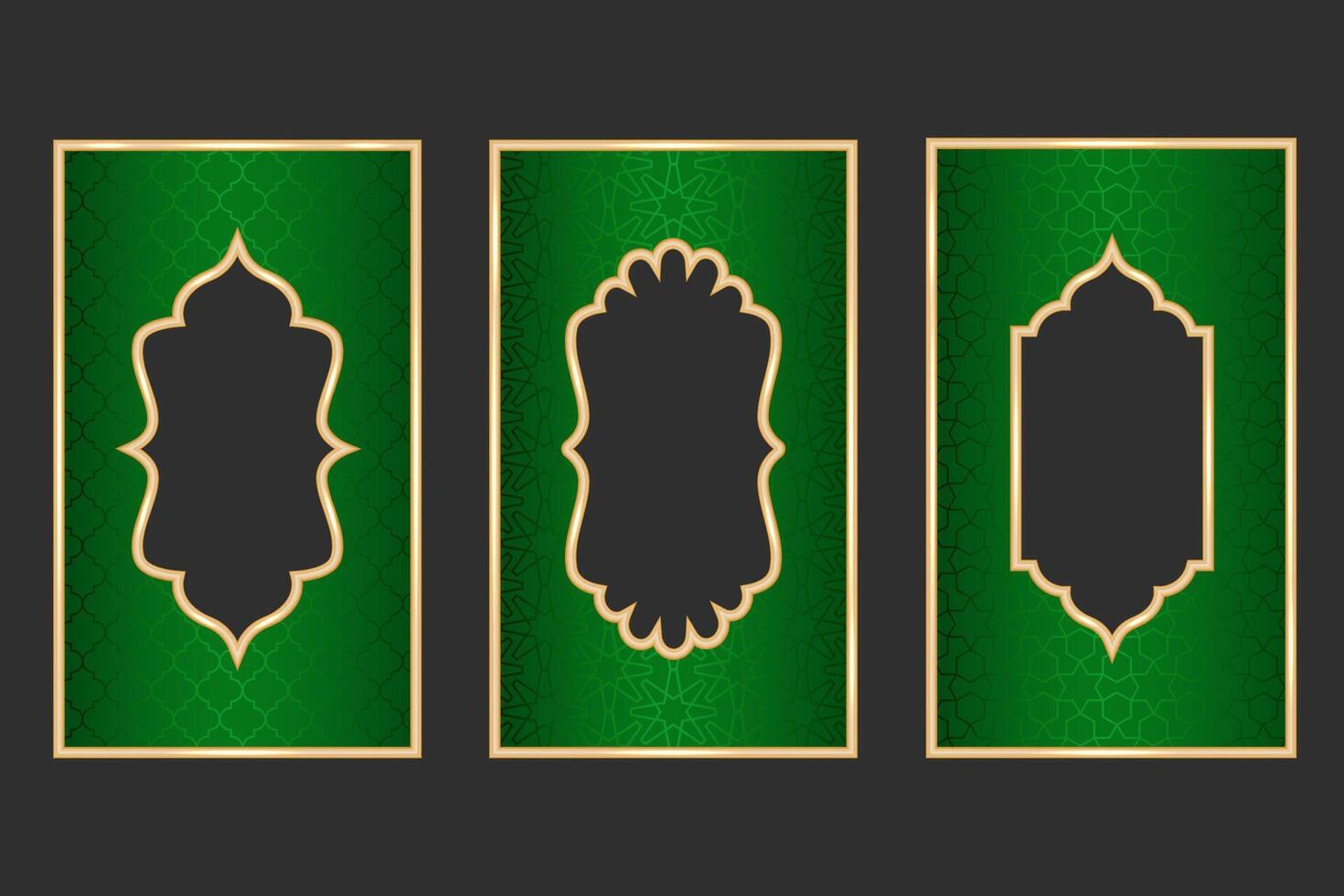 Ramadan islamisch Bogen Rahmen mit Ornament. Muslim traditionell Tür Illustration zum Hochzeit Einladung Post und Vorlagen. golden und Grün Frames im orientalisch Stil. persisch Fenster Formen Satz. vektor