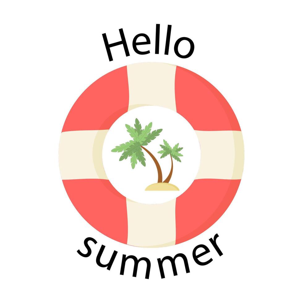ein Sommer- Banner, ein Postkarte mit ein Rettungsring, ein Palme Baum und das Inschrift Hallo, Sommer- vektor