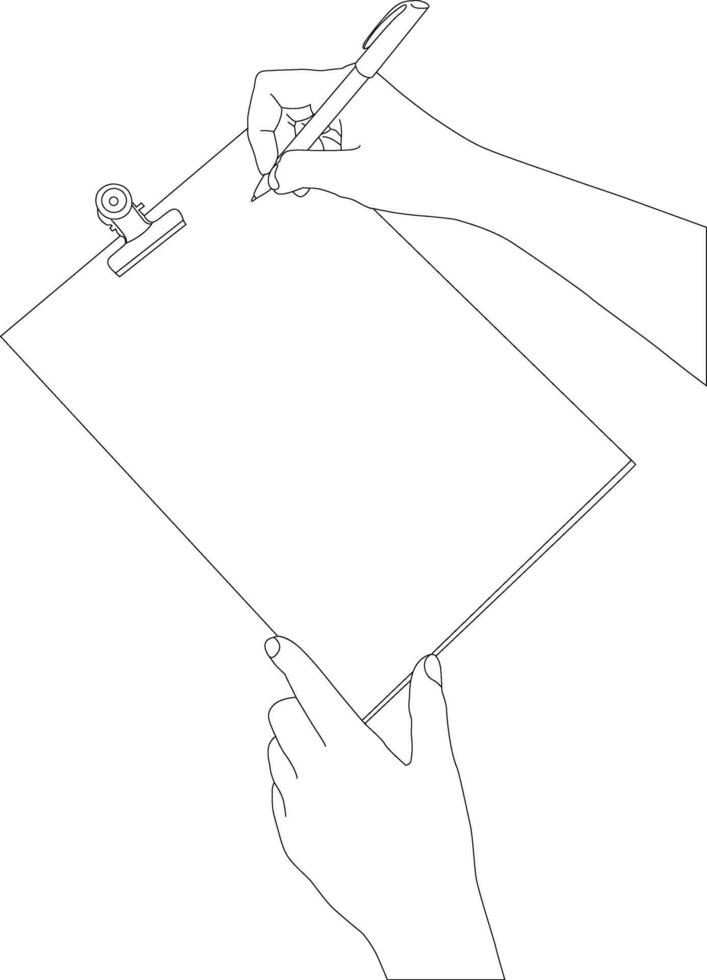 ett linje teckning hand innehav penna med anteckningsbok vektor