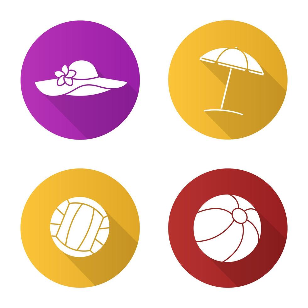 sommar platt design lång skugga ikoner set. sommarlov. volleyboll och badbollar, paraply, dammössa. vektor siluett illustration