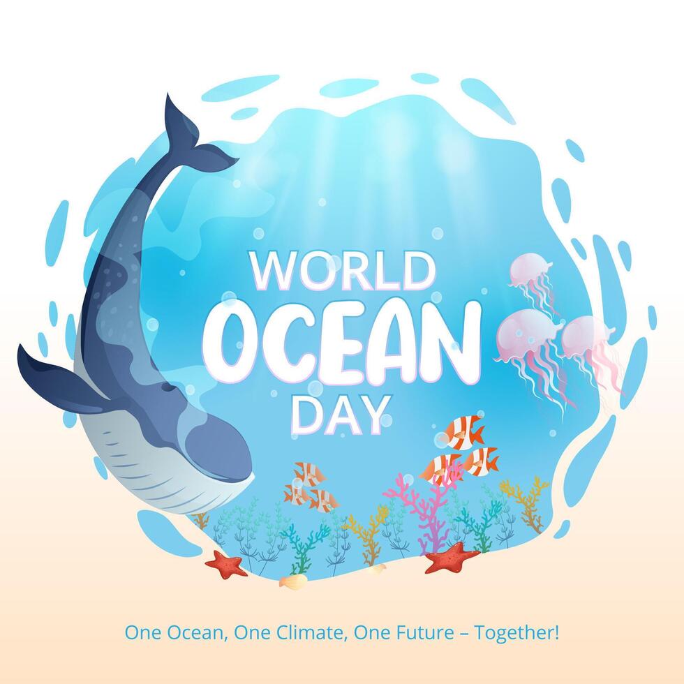 Welt Ozean Tag Hintergrund mit ein Ozean Leben vektor