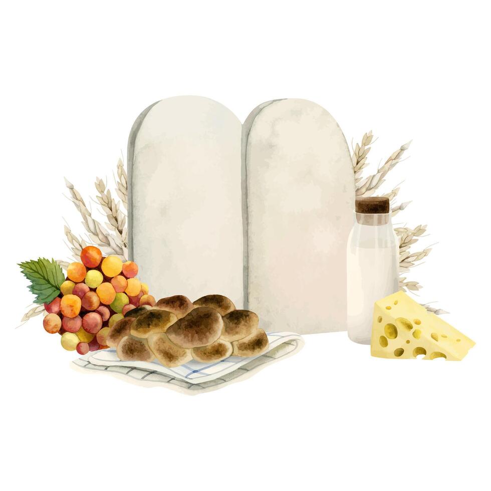vattenfärg shavuot sten tabletter hälsning kort mall med ost, Barkis bröd, mjölk. vete, vindruvor illustration vektor