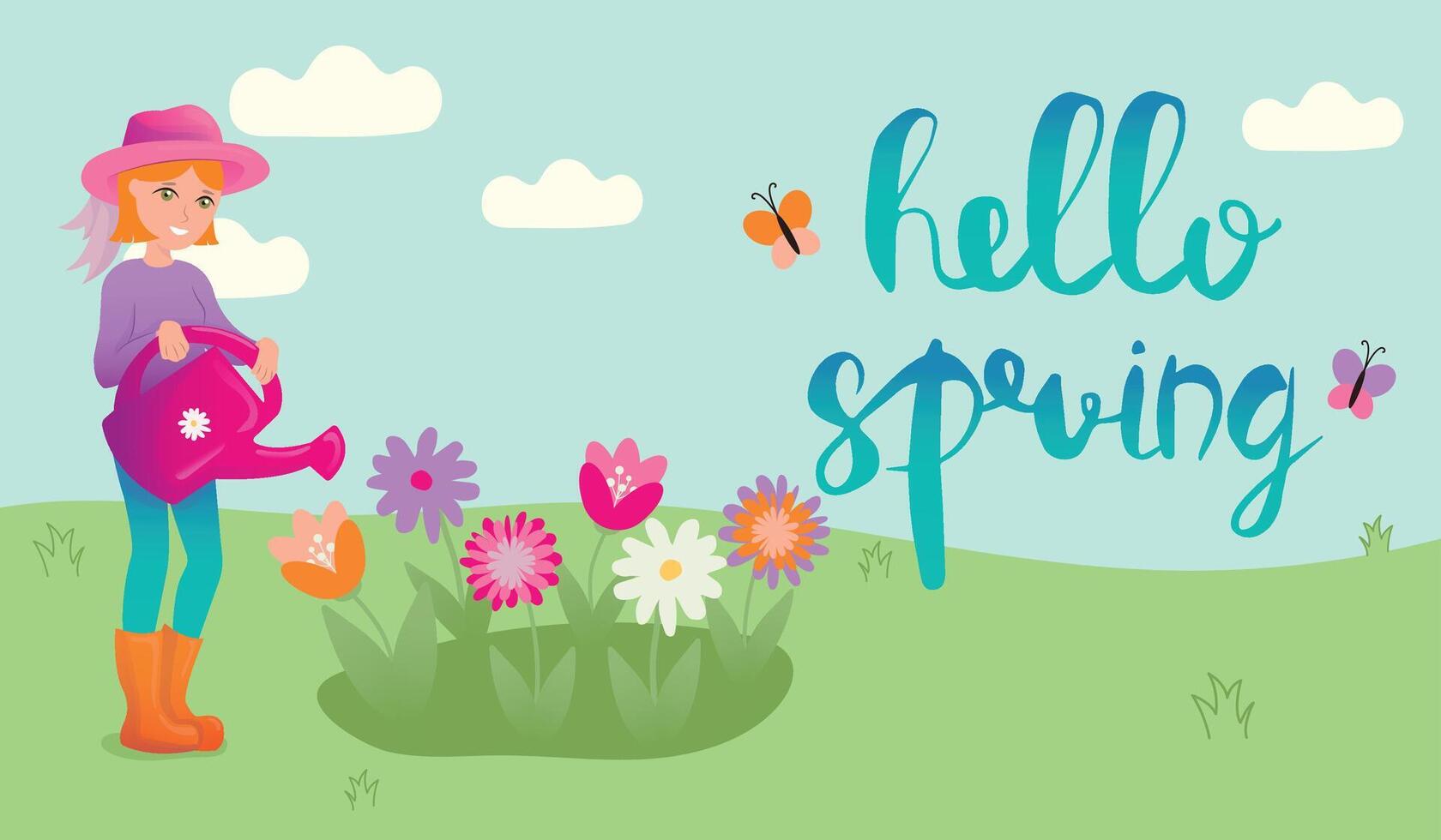 Hallo Frühling Illustration. Jahreszeit Beschriftung mit Mädchen mit Bewässerung dürfen. Mädchen Bewässerung Blumen. Banner im Karikatur Stil. vektor