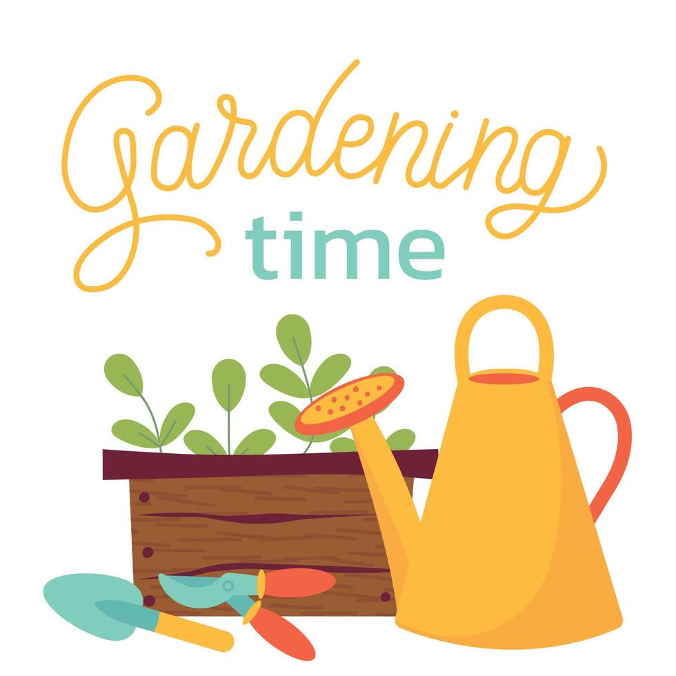 trädgårdsarbete tid. trädgård verktyg, vattning burk, växter, grönsaker, blommor. vår trädgårdsarbete begrepp. illustration på vit bakgrund för affisch, ikon, kort, logotyp, märka vektor