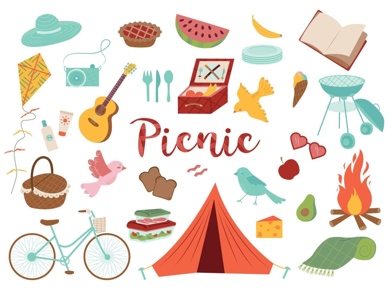 sommar picknick uppsättning illustrationer. utsökt snacks. färsk grönsaker och frukter. Utrustning och paket med matvaror för picknick. mat och drycker illustration vektor