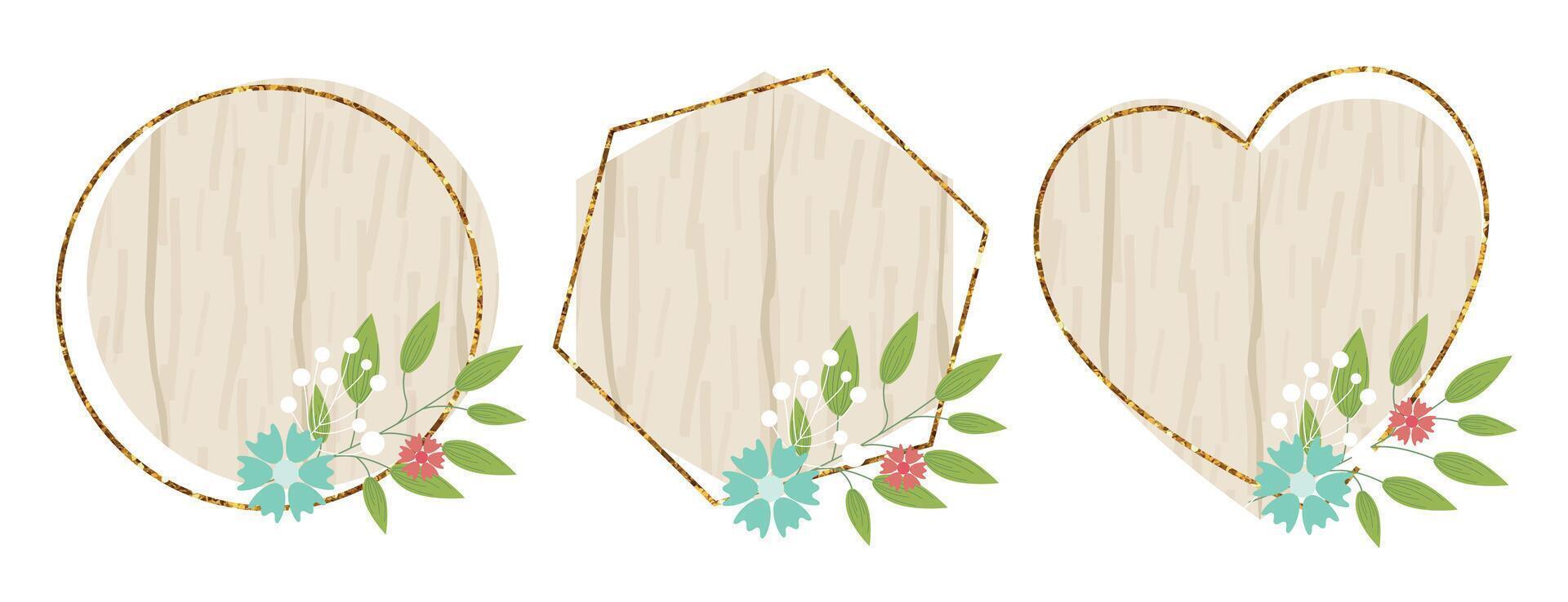 hölzern Design Elemente einstellen mit Blumen. Holz Planke, rahmen, Abzeichen, Etikett, Schild, Schild Sammlung. braun Hintergrund ohne Text. Illustration. vektor