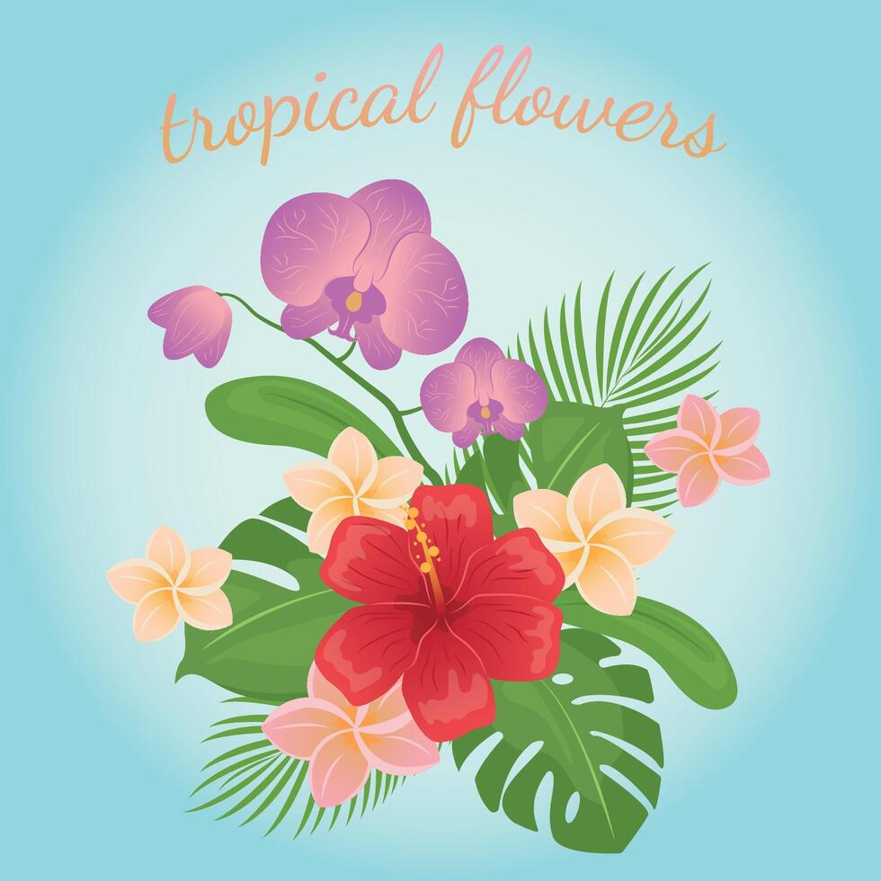 kort av bukett med tropisk blommor. hawaiian stil blommig arrangemang, med skön hibiskus, handflatan, plumeria, monstera, orkide. illustration, årgång stil. vektor