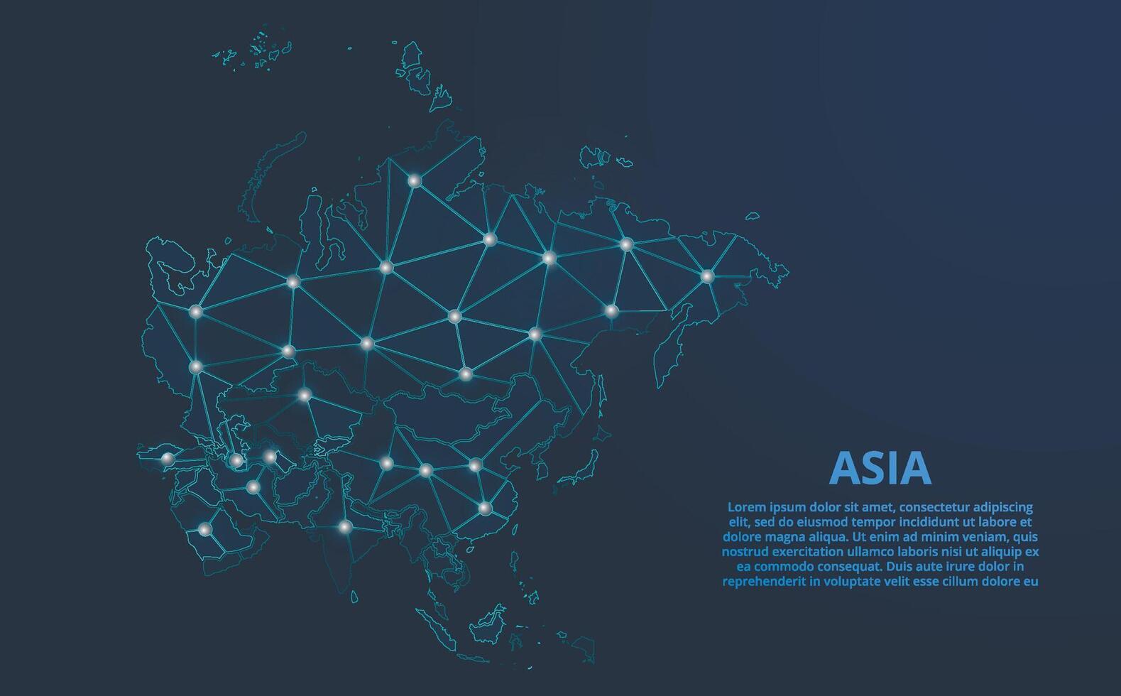Asien kommunikation nätverk Karta. låg poly bild av en global Karta med lampor i de form av städer. Karta i de form av en konstellation, stum och stjärnor vektor