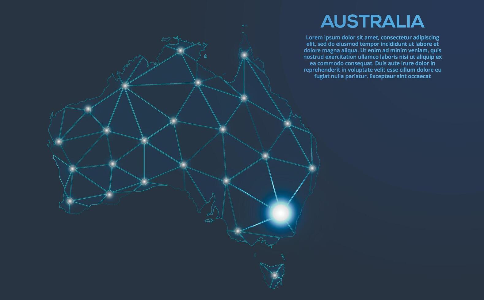 Australien Kommunikation Netzwerk Karte. niedrig poly Bild von ein global Karte mit Beleuchtung im das bilden von Städte. Karte im das bilden von ein Konstellation, stumm und Sterne vektor