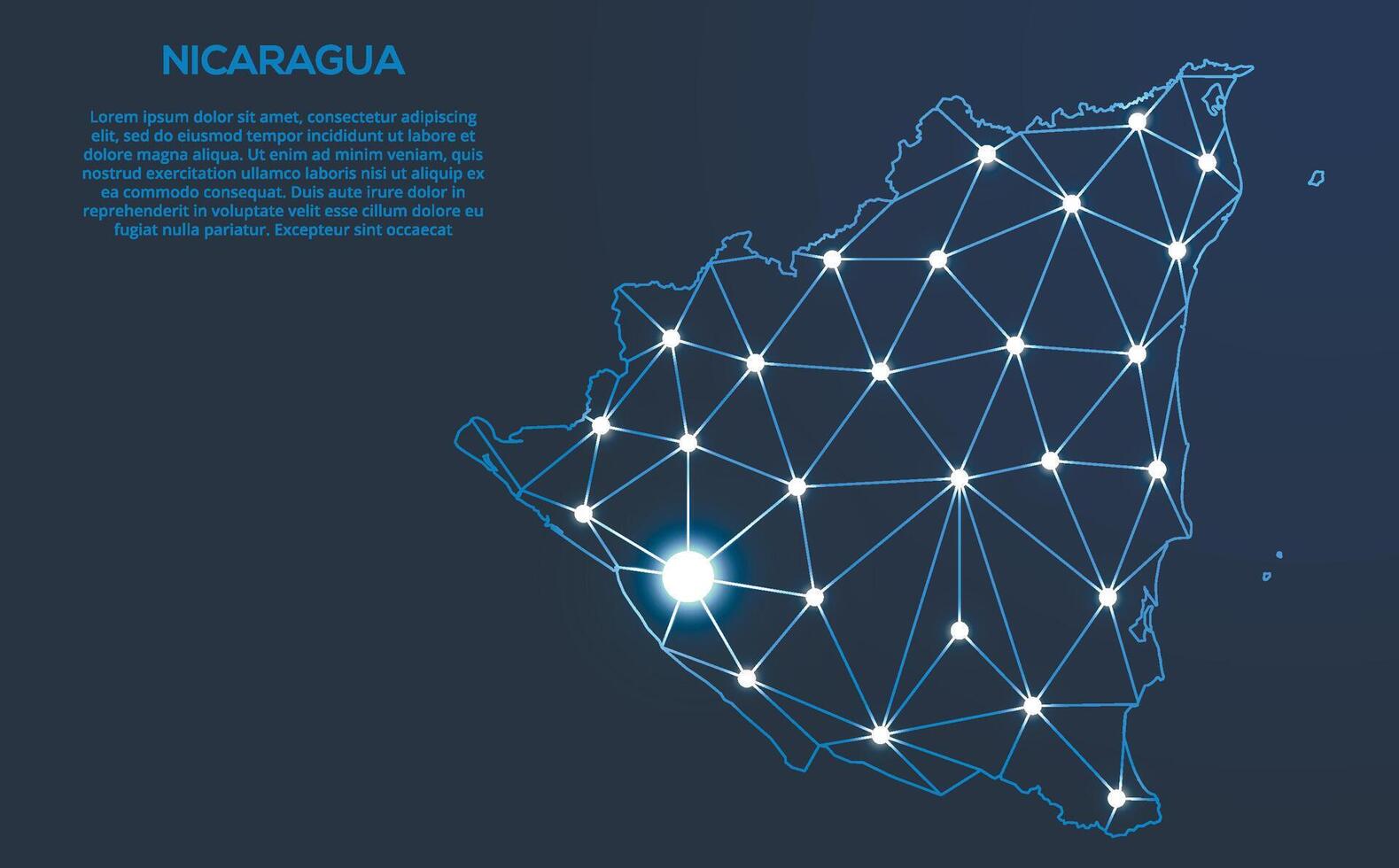 nicaragua kommunikation nätverk Karta. låg poly bild av en global Karta med lampor i de form av städer. Karta i de form av en konstellation, stum och stjärnor vektor