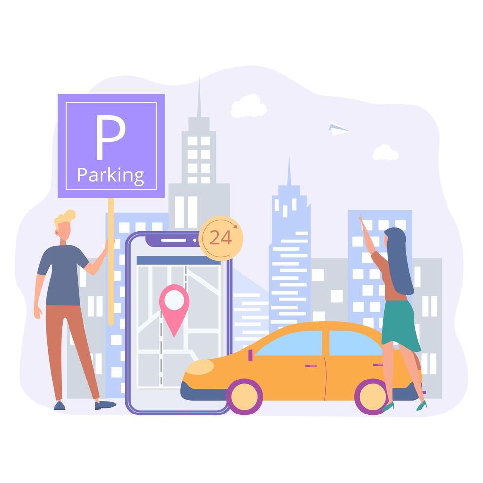 online Reservierung von ein Parkplatz Raum zum ein Auto im das Stadt. Reservieren ein Parkplatz Raum, Auto Parkplatz Service. bunt Illustration. vektor