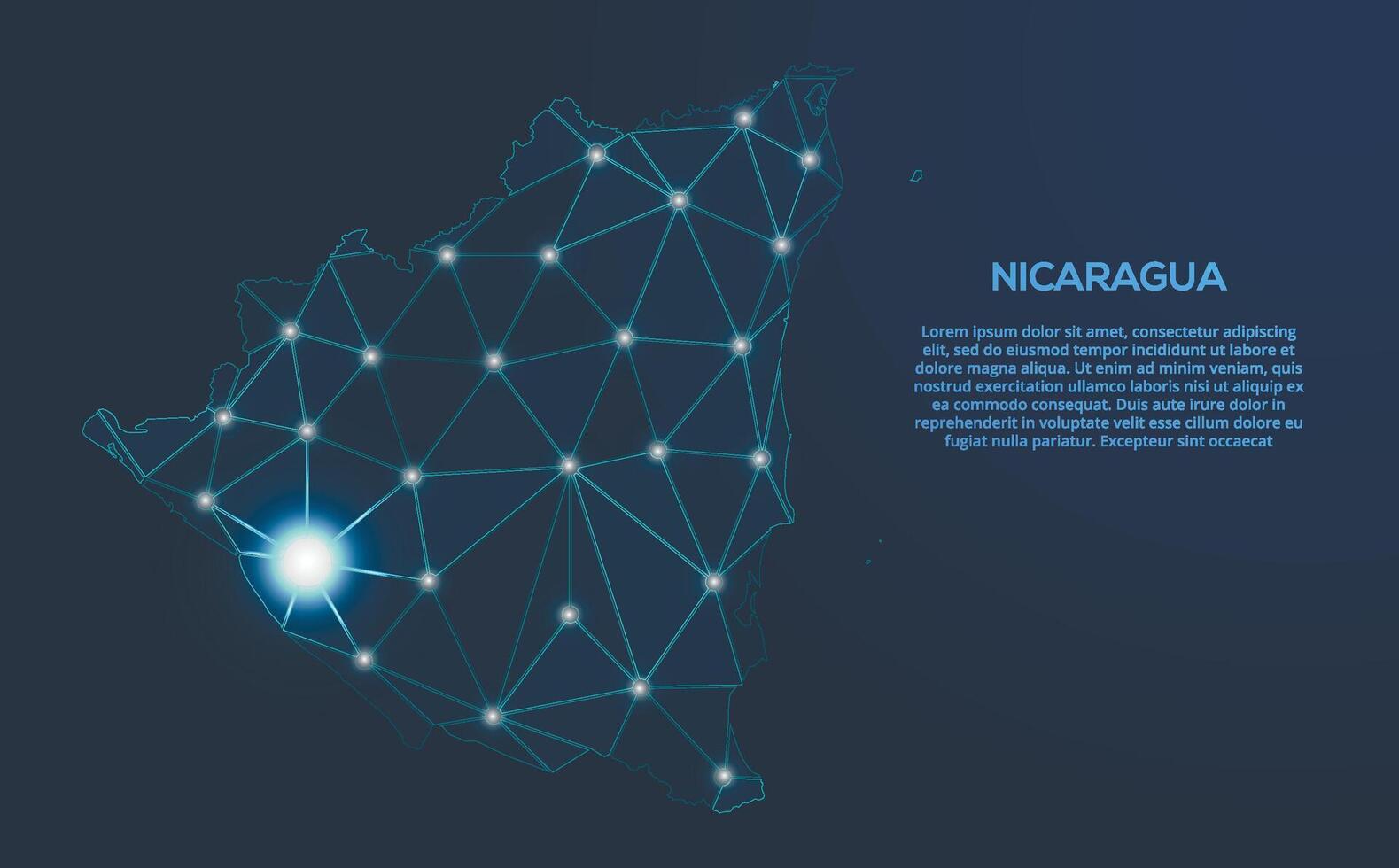 nicaragua kommunikation nätverk Karta. låg poly bild av en global Karta med lampor i de form av städer. Karta i de form av en konstellation, stum och stjärnor vektor