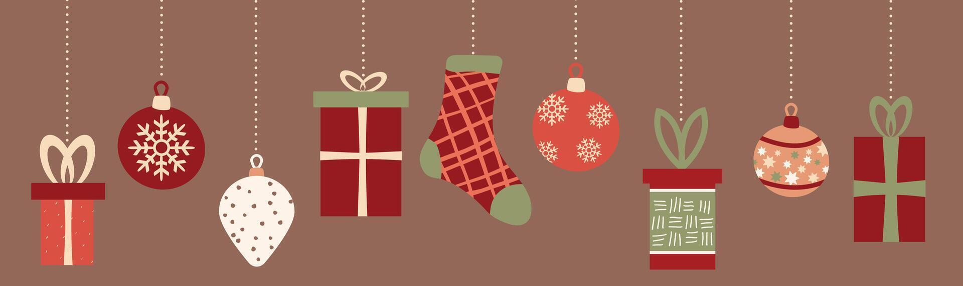 uppsättning av jul träd leksaker och dekoration. illustration i platt stil. säsong dekoration, jul och ny år firande, ikoner isolerat på brun bakgrund. design mall. vektor