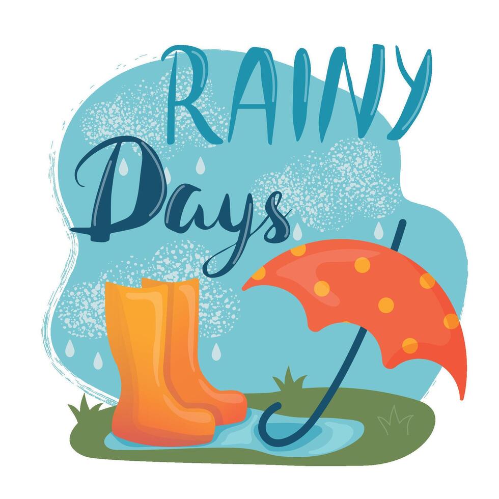 regnerisch Tage Karte, Poster oder Banner. Orange Stiefel, Regenschirm und Wolken. Illustration im Karikatur Stil vektor