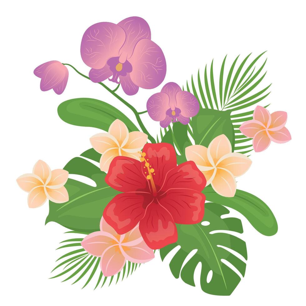 Strauß mit tropisch Blumen. hawaiisch Stil Blumen- Anordnung, mit schön Hibiskus, Palme, Plumeria, Monstera, Orchidee. Illustration, Jahrgang Stil. editierbar Grafik Elemente. vektor