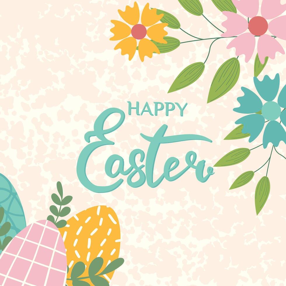 glücklich Ostern Banner, Poster, Gruß Karte. modisch Ostern Design mit Beschriftung, Blumen, Eier, im Pastell- Farben mit Textur auf Hintergrund. eben Illustration. vektor