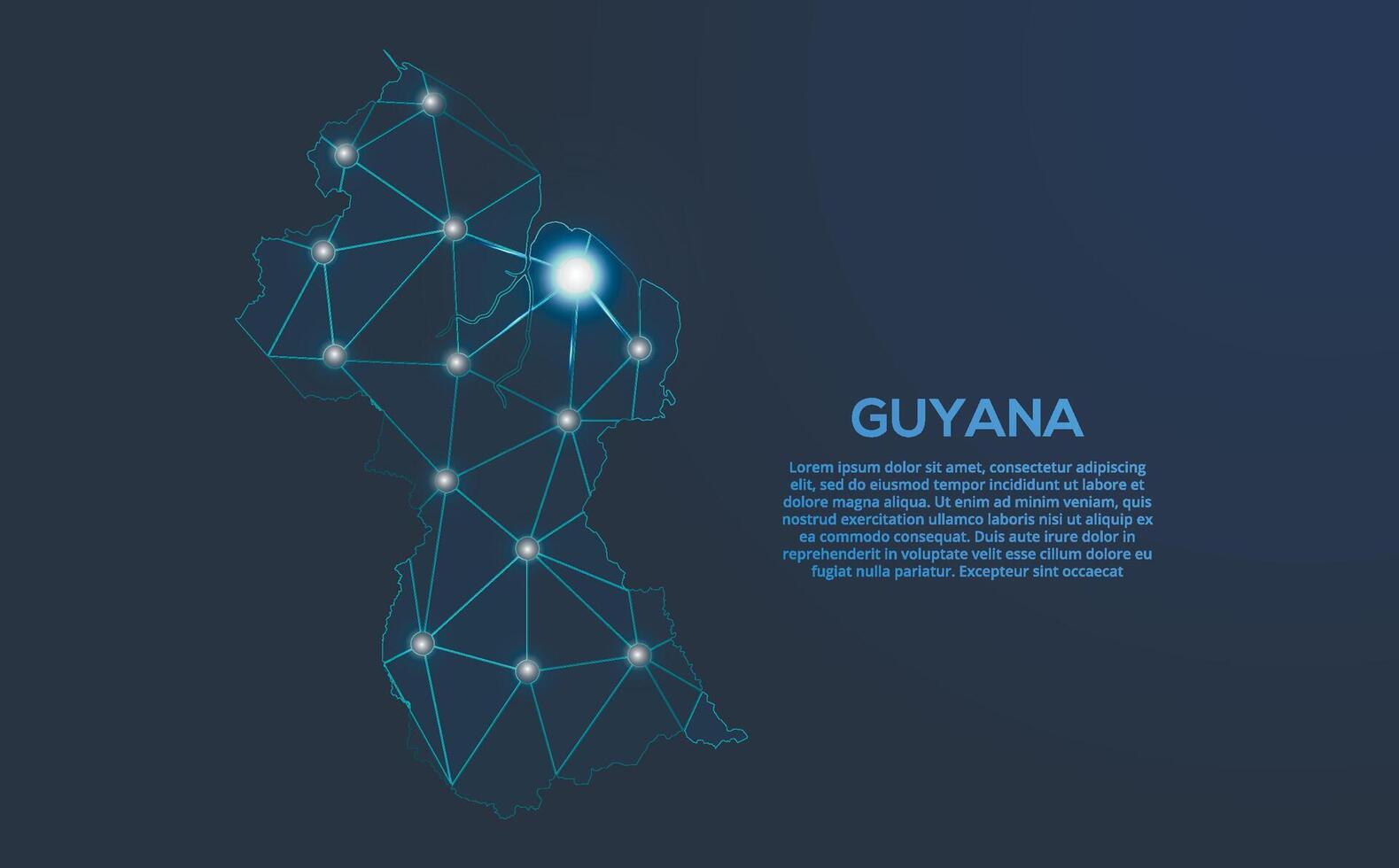 guyana kommunikation nätverk Karta. låg poly bild av en global Karta med lampor i de form av städer. Karta i de form av en konstellation, stum och stjärnor vektor