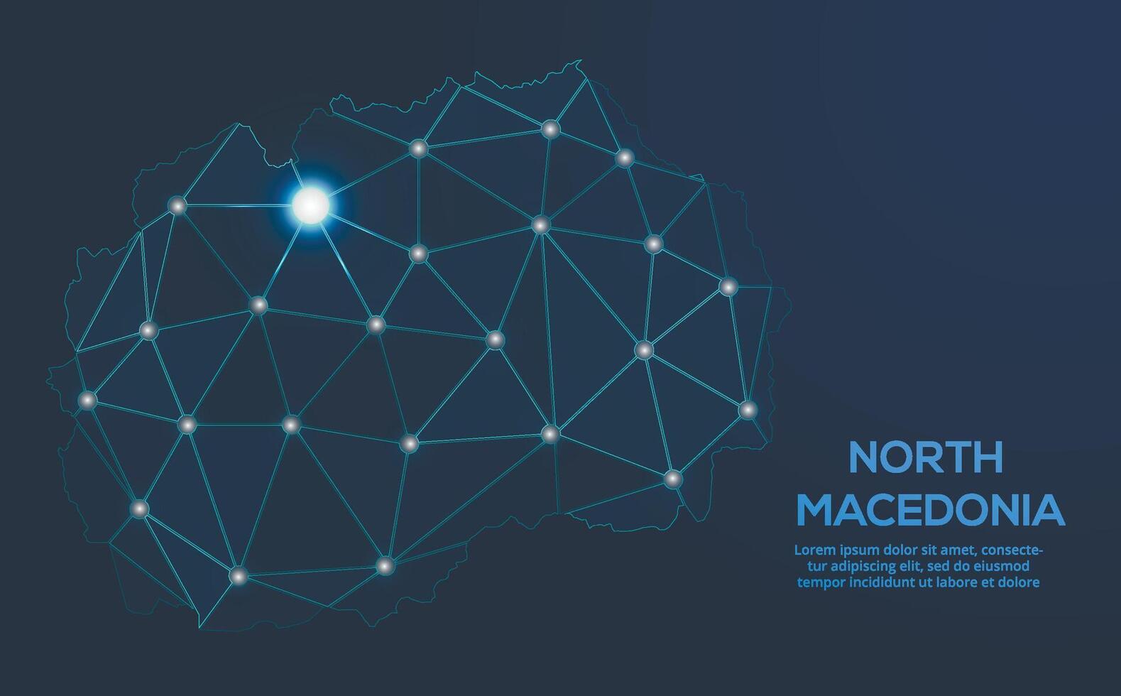 Norden Mazedonien Kommunikation Netzwerk Karte. niedrig poly Bild von ein global Karte mit Beleuchtung im das bilden von Städte. Karte im das bilden von ein Konstellation, stumm und Sterne vektor