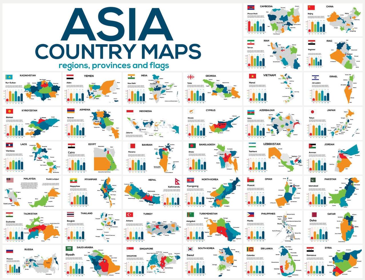 uppsättning av Kartor av de länder av Asien. bild av global Kartor i de form av regioner regioner av Asien länder. flaggor av länder. tidslinje infografik. lätt till redigera vektor