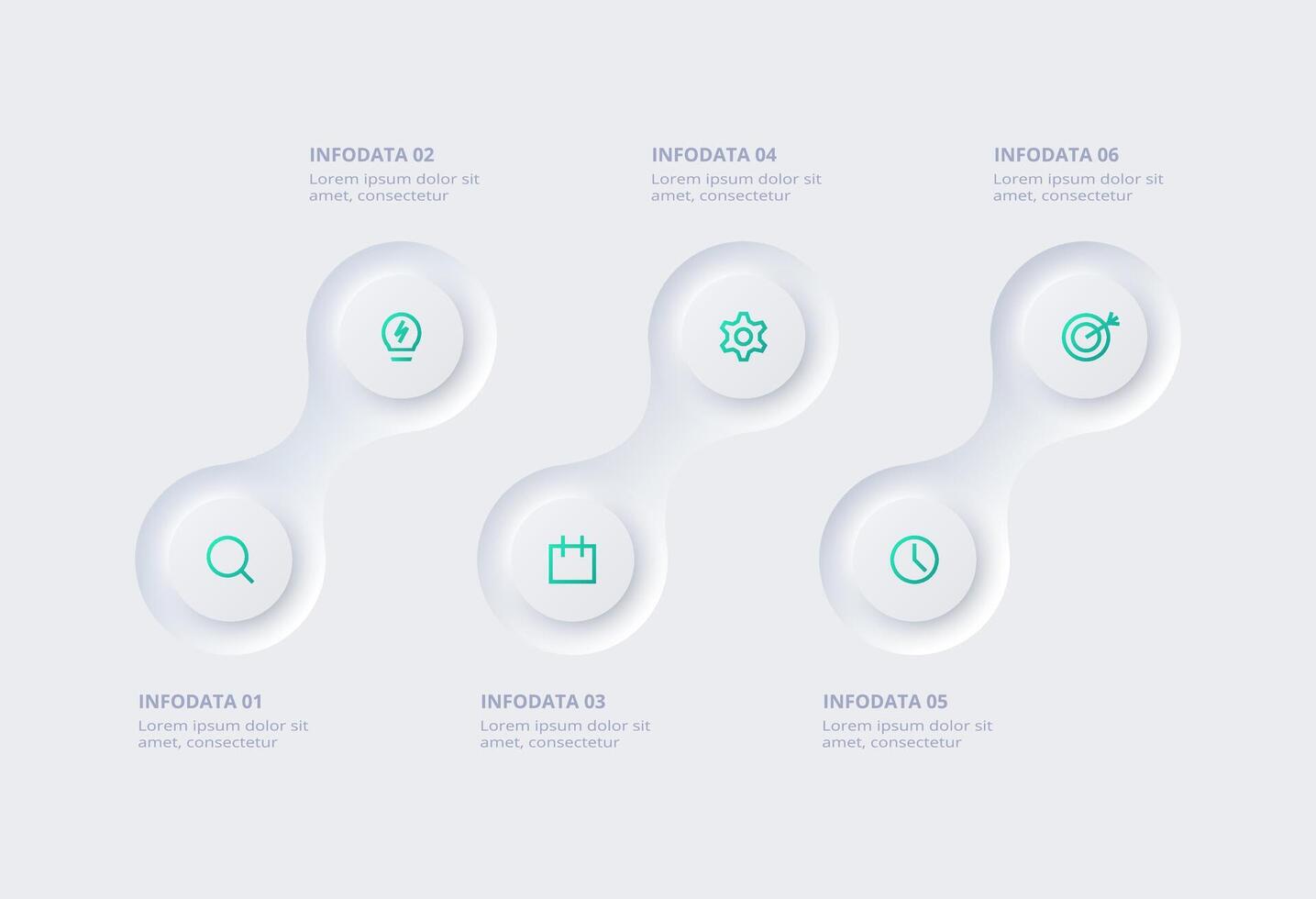 neumorphisch Flussdiagramm Infografik. kreativ Konzept zum Infografik mit 6 Schritte, Optionen, Teile oder Prozesse. Vorlage zum Diagramm, Graph, Präsentation und Diagramm. vektor