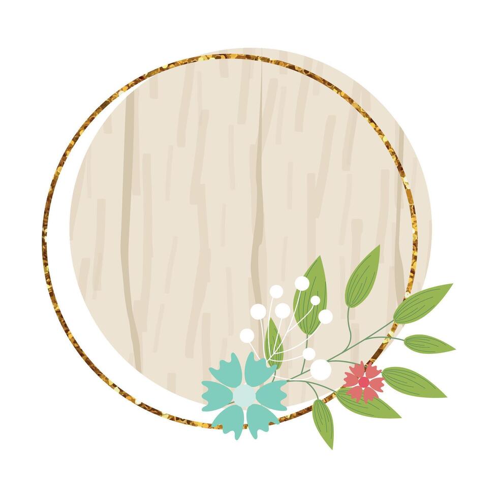 trä- cirkel tecken element med blommor. trä styrelse, ram, bricka, märka, skydda, skylt samling. brun bakgrund för din text. illustration. vektor