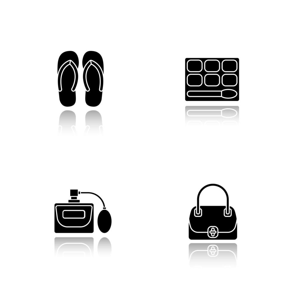 Damenaccessoires Schlagschatten schwarze Symbole gesetzt. Flip-Flops, Lidschatten, Parfüm, Handtasche. isolierte vektorillustrationen vektor