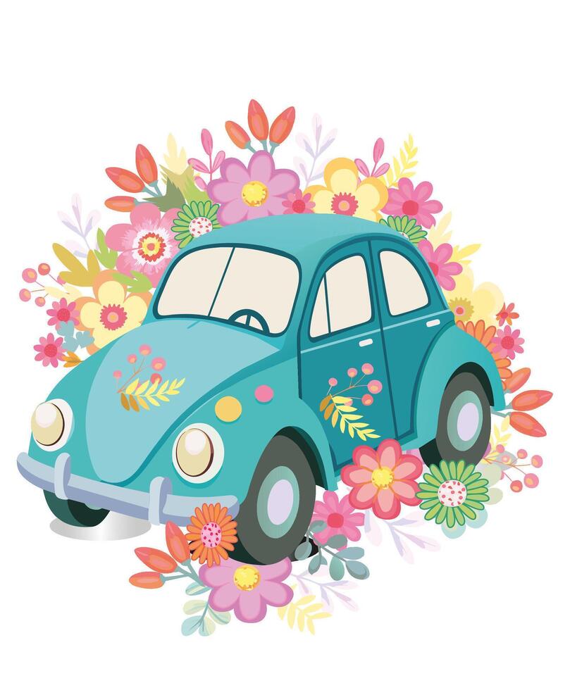 Blau Auto Retro, Vintage mit Blumen Hintergrund vektor