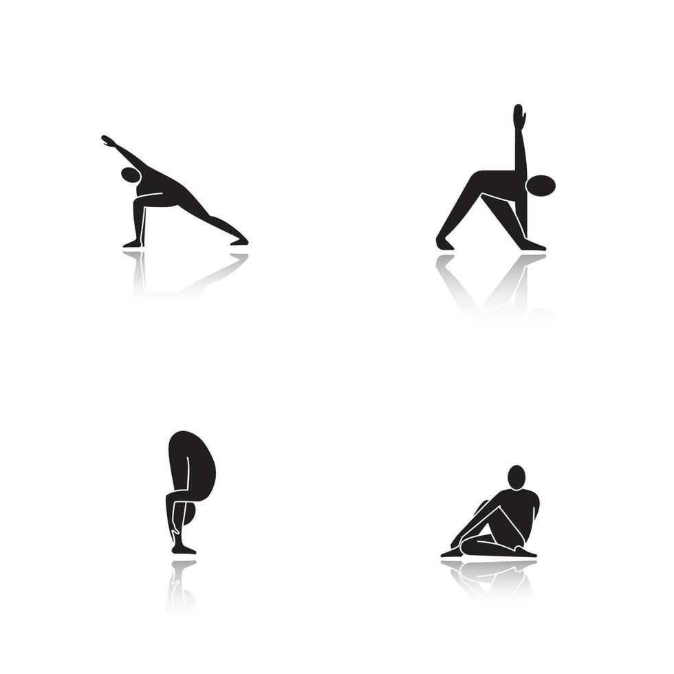 Yoga Asanas Schlagschatten schwarze Symbole gesetzt. Utthita Parsvakonasana, Trikonasana, Uttanasana, Ardha Matsyendrasana Yoga-Positionen. isolierte vektorillustrationen vektor
