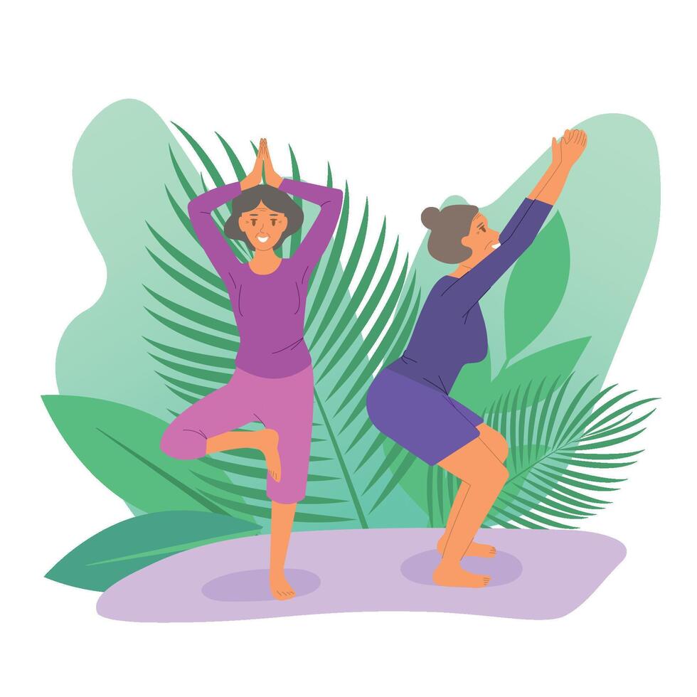 Senior Frauen tun Yoga. alt Damen macht Morgen Yoga oder Atmung Übungen. isoliert Illustration. mental Gesundheit Konzept vektor