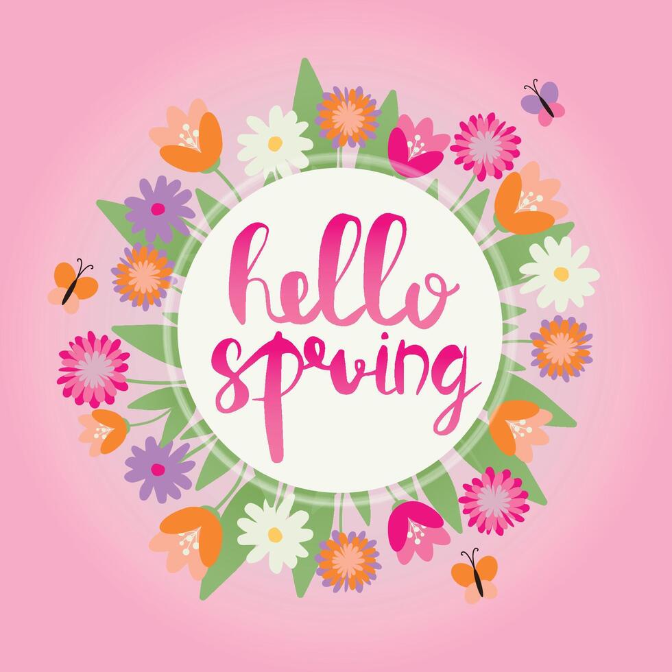 Hej vår kort med dekorativ blommig ram, illustration, rosa bakgrund med kopia Plats och text vektor