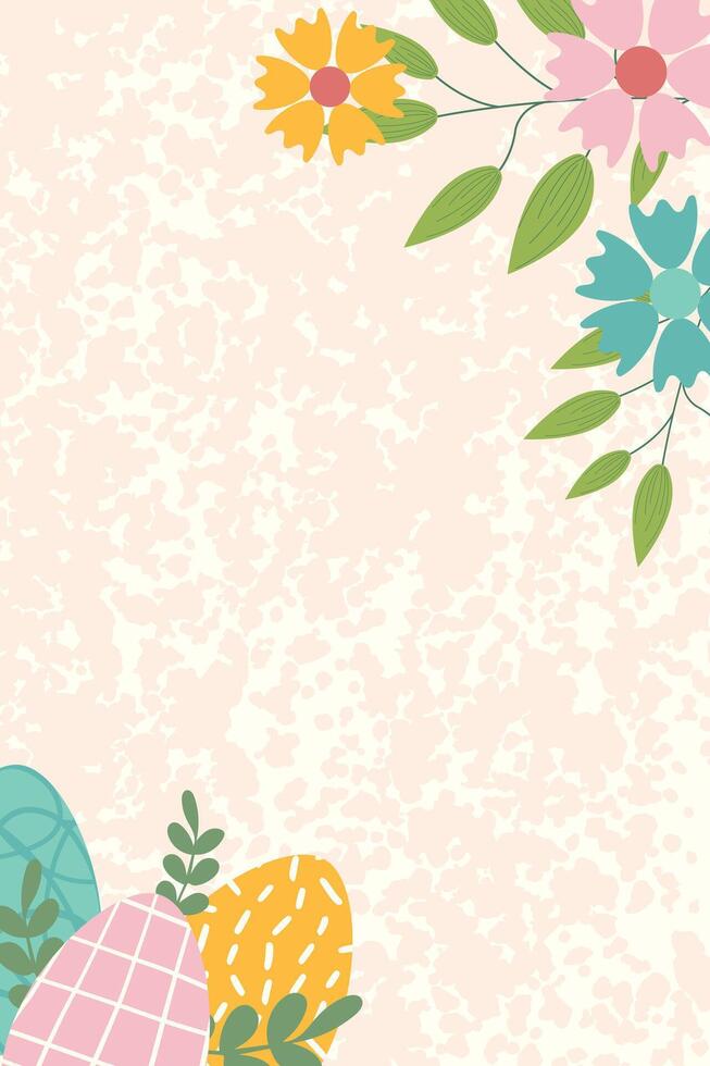 baner mall för påsk Semester. hälsning kort, affisch eller baner med blommor och påsk ägg i pastell färger med textur på bakgrund. platt illustration. vektor