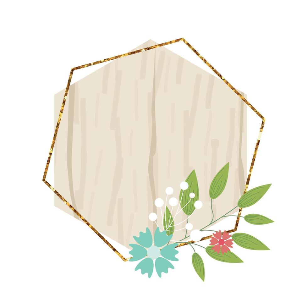 hölzern Hexagon Zeichen Element mit Blumen. Holz Planke, rahmen, Abzeichen, Etikett, Schild, Schild Sammlung. braun Hintergrund zum Ihre Text. Illustration. vektor