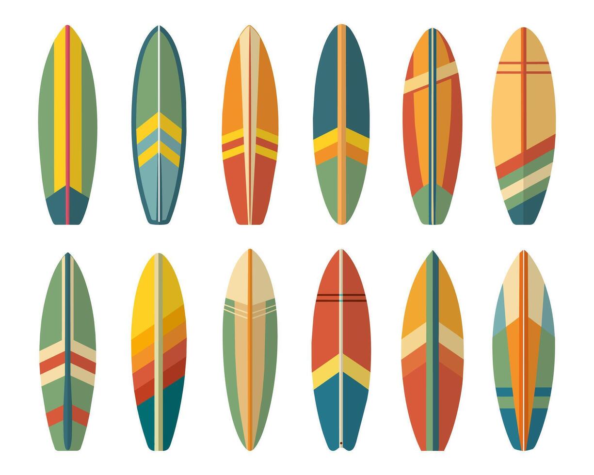 uppsättning av surfbrädor. sommar surfingbräda element i färgrik mönster design isolerat på vit bakgrund. vektor