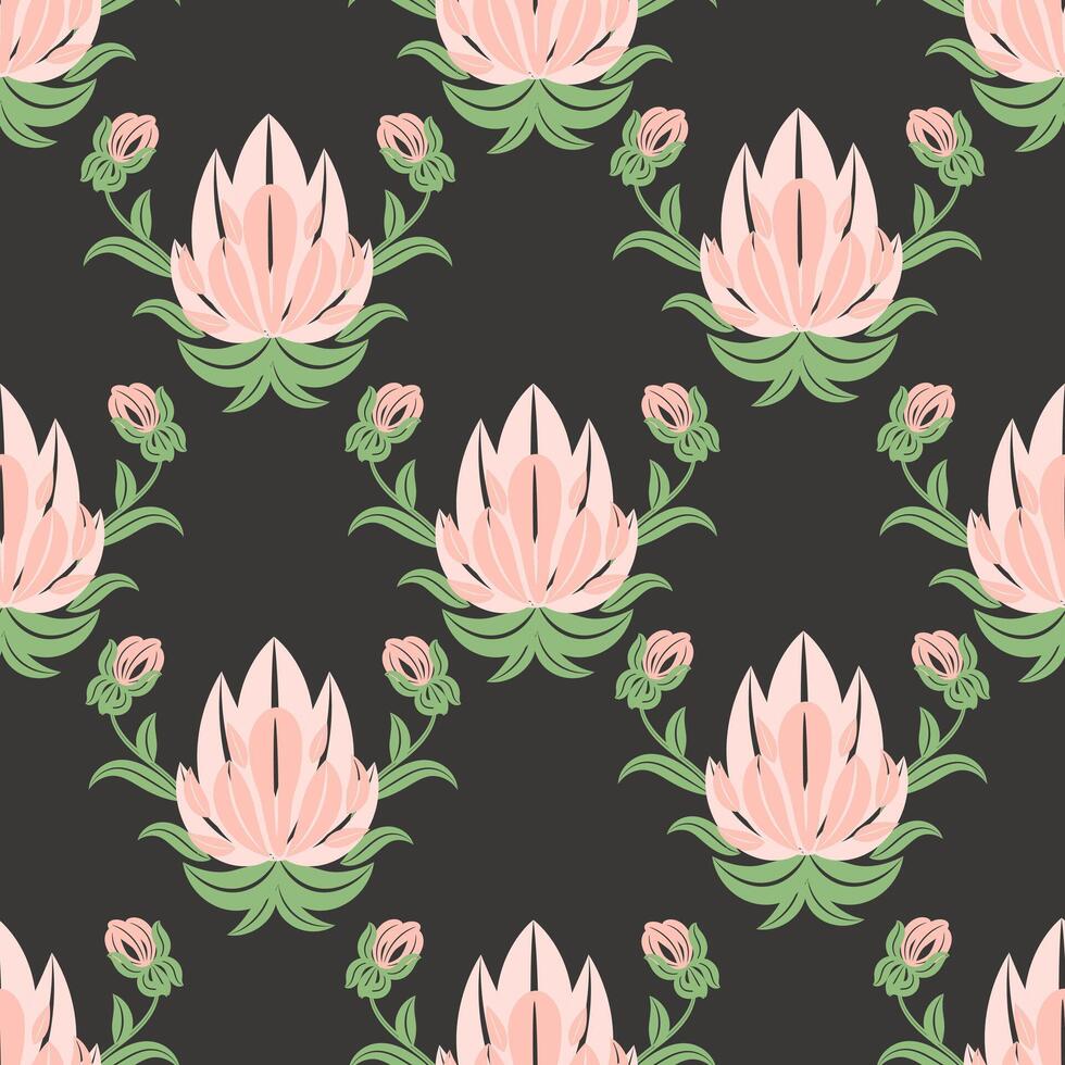 nahtlos Muster, Rosa Lotus Blumen auf ein dunkel Hintergrund. Hintergrund, Hintergrund, Textilien vektor