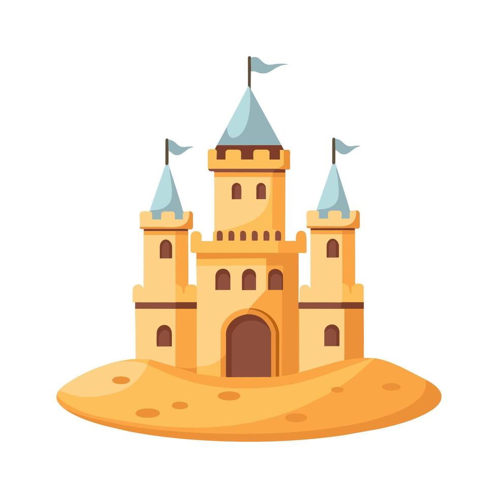 Sand Schloss mit Türme und Festung Mauer im eben Stil auf ein Weiß Hintergrund. Märchen Schloss Symbol. Illustration von Gebäude Konstruktion auf Sand. vektor