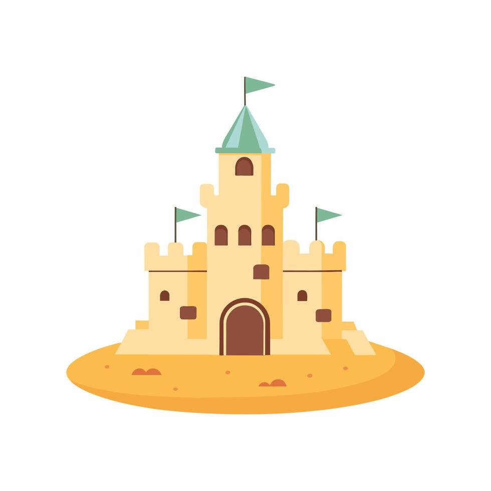 Sand Schloss mit Türme und Festung Mauer im eben Stil auf ein Weiß Hintergrund. Märchen Schloss Symbol. Illustration von Gebäude Konstruktion auf Sand. vektor