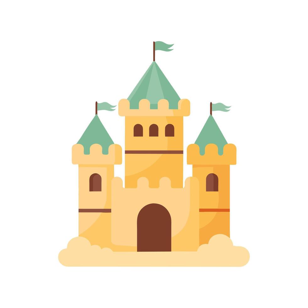 Sand Schloss mit Türme und Festung Mauer im eben Stil auf ein Weiß Hintergrund. Märchen Schloss Symbol. Illustration von Gebäude Konstruktion auf Sand. vektor