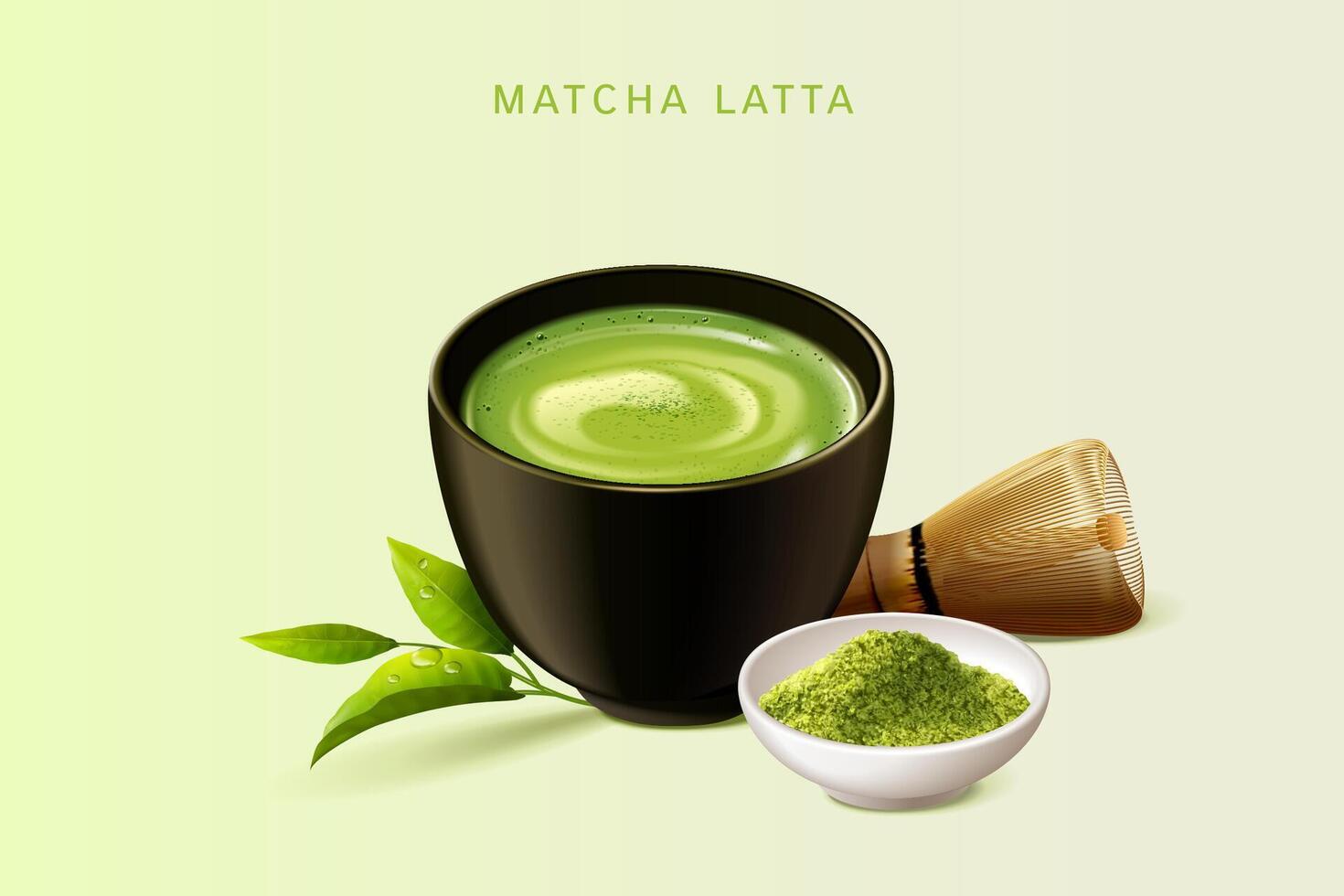 japanisch Matcha Latté einstellen im 3d Illustration, isoliert auf Licht Grün Hintergrund vektor