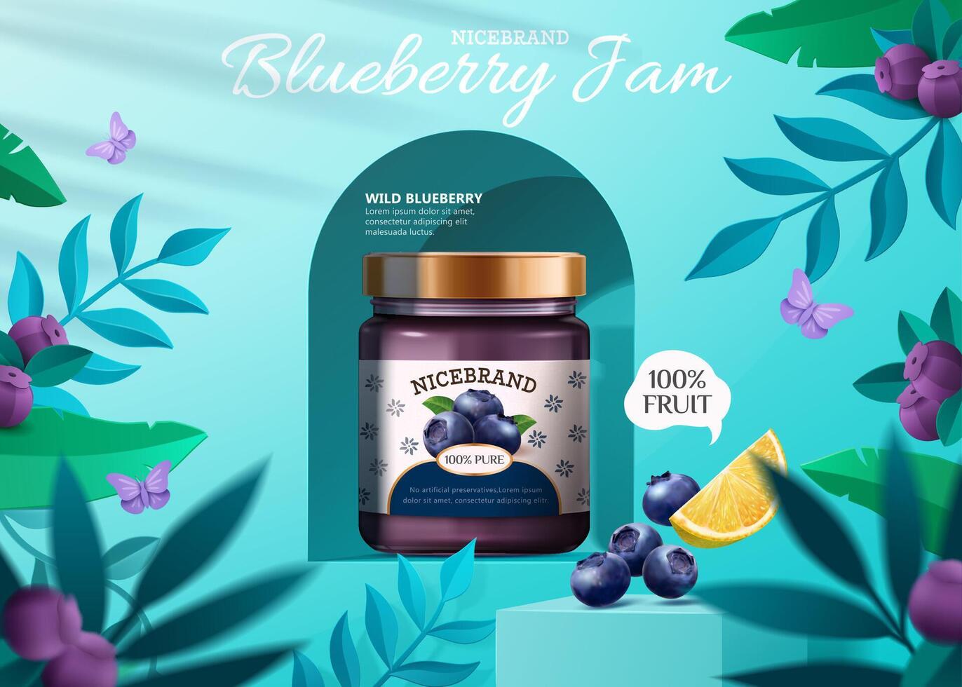3d Illustration von Blaubeere Marmelade Anzeige mit Blaubeeren auf Podien, Zitrone und Pflanzen auf Blau Hintergrund vektor