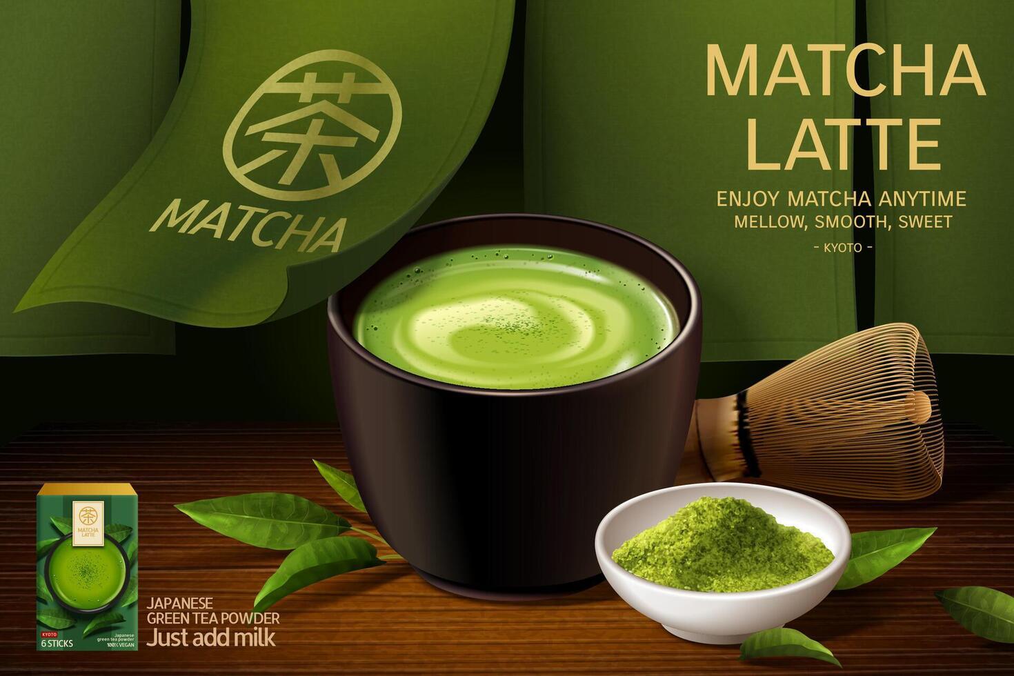 Japan Matcha Latté Anzeige im 3d Illustration, Matcha Tasse einstellen auf japanisch hölzern Teller mit Grün Vorhang auf das zurück, Übersetzung, Tee vektor