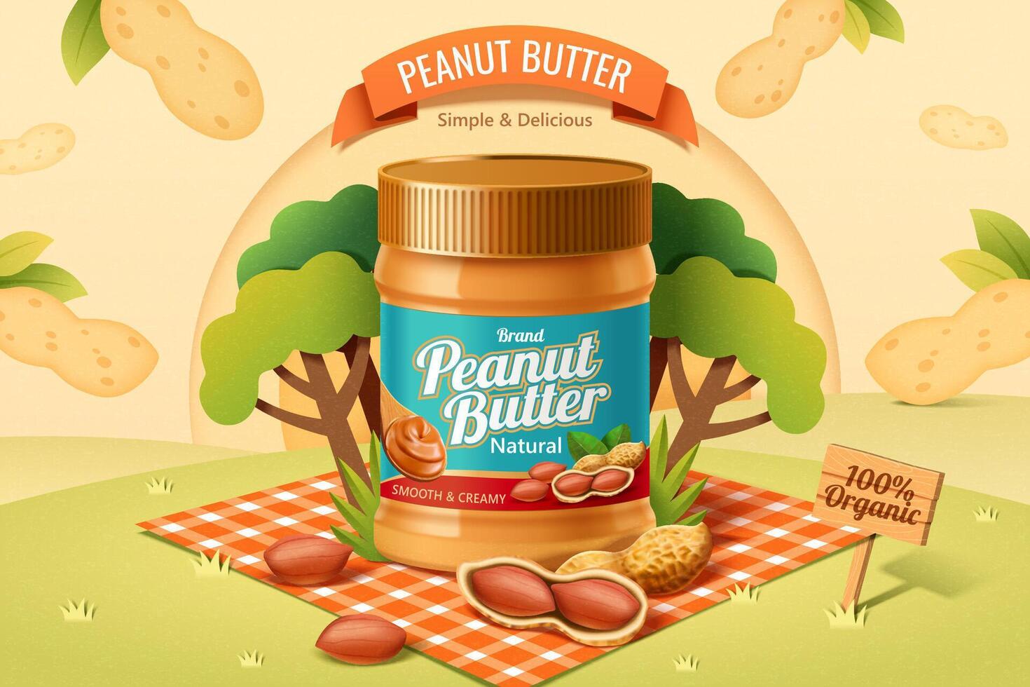 Erdnuss Butter Verbreitung Produkt auf ein Picknick Plaid im das Park mit Erdnuss im Schale im 3d Illustration vektor