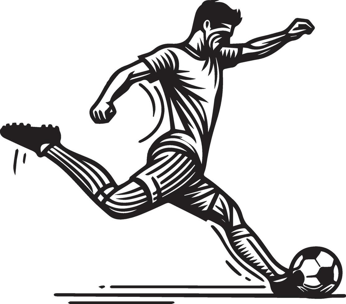ein Mann Silhouette Fußball Spieler oder Fußball Spieler treten Fußball isoliert auf Weiß Hintergrund. vektor