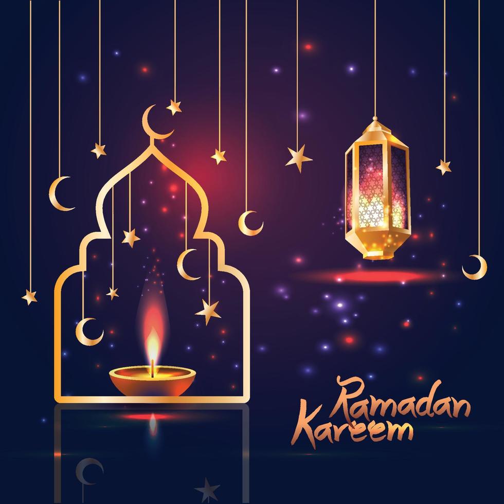 ramadan kareem islamisk illustration med 3d söt lykta och stjärna och måne. vektor