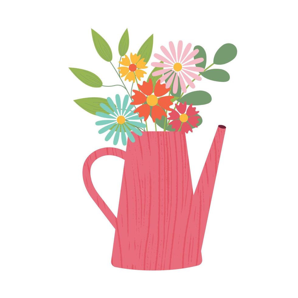 röd vattning kan eller pott med bukett av olika blommor isolerat på vit bakgrund. illustration. trädgårdsarbete, växter. färgad illustration. tecknad serie design för affisch, ikon, kort, logotyp, märka vektor